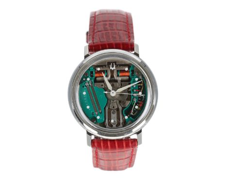 Fine Bulova Accutron 'Spaceview' stainless steel gentleman's wristwatch, case no. F96xxx, circa 1969, skeletonised dial, lumi