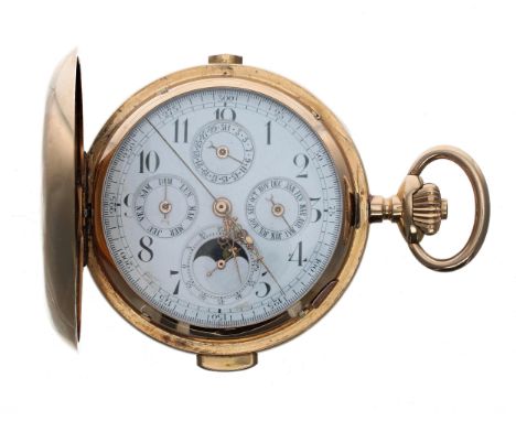 Continental 18ct quarter repeating chronograph calendar lever set hunter pocket watch with moon phase, the gilt movement with