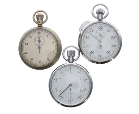 CWC Military chrome cased pocket timer, 51mm; together with a Military chrome cased pocket timer, 51mm and a nickel cased poc