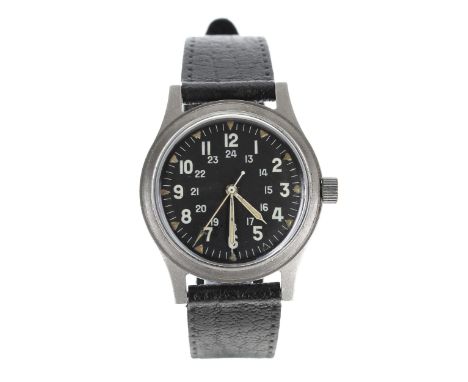 U.S. Military GG-W-113 stainless steel wristwatch, black dial with Arabic numerals, inner 24-hour numerals, hour markers, min