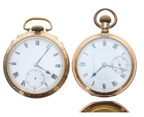 Thos. Russell &amp; Son 'Tempus Fugit' gold plated lever hunter pocket watch, 10 jewel, 50mm (case hinge at fault); together 