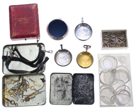Assortment of pocket watch parts and accessories to include glasses, bows, fusee chain, keys, three silver cases, gilt metal 