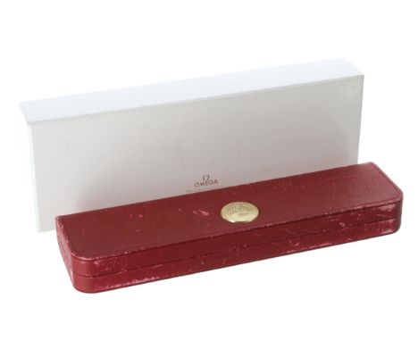 Omega red wristwatch box with outer cardboard cover 