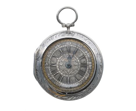 English 18th century silver verge repoussé pair cased pocket watch, the movement signed Mason, London, with silvered pierced 