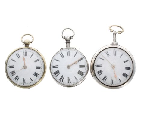 Silver fusee verge pair cased pocket watch, unsigned movement, 55mm, key; together with a silver fusee verge pair cased pocke