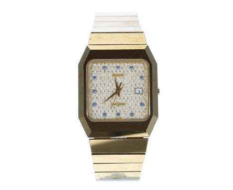 Rado Diastar gold plated and stainless steel gentleman's wristwatch, squared dial with blue stone set markers, date aperture 