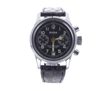 Poljot Russian chronograph gentleman's wristwatch, black dial, manual wind movement, modern lack lizard strap, 38mm-Movement 