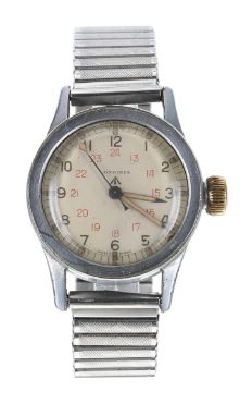Rare Longines C.O.S.D. British Military Paratroopers 'Tuna Can' gentleman's wristwatch, circa 1940s, silvered dial with black