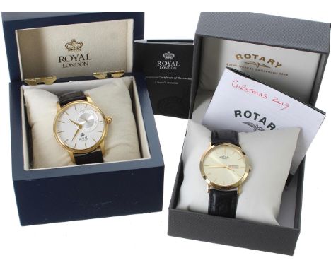 Rotary Windsor gold plated gentleman's wristwatch, black leather strap, quartz, 38mm (Rotary box and international guarantee 