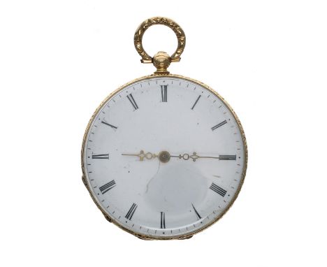 Continental 18k cylinder dress pocket watch, frosted bar movement with gilt three arm balance and regulator, hinged metal cuv