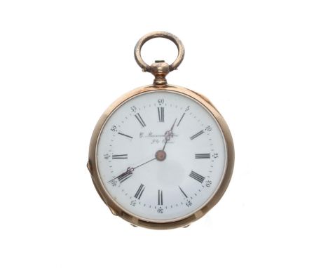Attractive Swiss 14ct and enamel cylinder fob watch, bar movement with gilt three arm balance and regulator, 14ct inscribed h