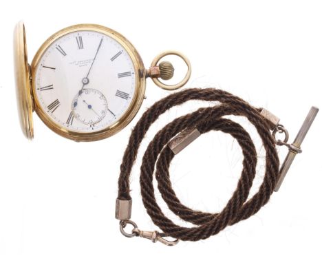 Joseph Penlington 18ct half hunter lever pocket watch, London 1872, the gilt frosted three quarter plate movement signed Jos'