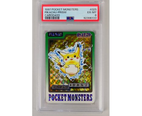 Pokemon - A PSA graded Japanese 1997 Pocket Monsters Carddass Pikachu-Prism #25. The card is graded 6 EX-MT. (This does not c