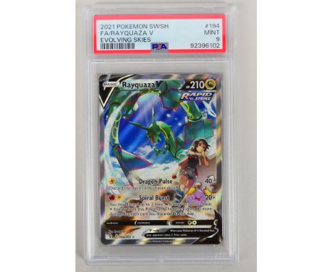 Pokemon - A PSA graded 2021 Pokemon Sword & Shield Evolving Skies  Full Art Rayquaza V #194. The card is graded 9 MINT. (This