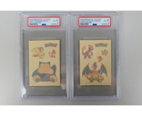 Pokemon - Two PSA graded Merlin 2000 Pokemon Tattoos with coating. Lot consists of Charmeleon / Exeggcute / Chaizard - graded