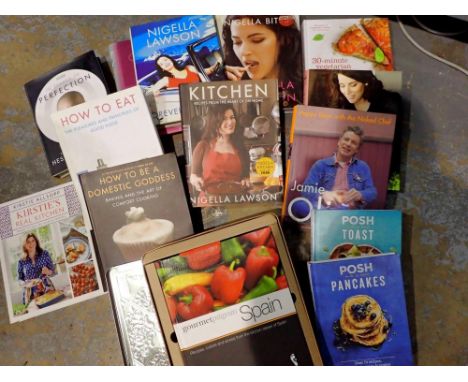 Shelf of fourteen cookbooks to include 6 by Nigella Lawson, Jamie Oliver and Heston Blumenthal. Not available for in-house P&