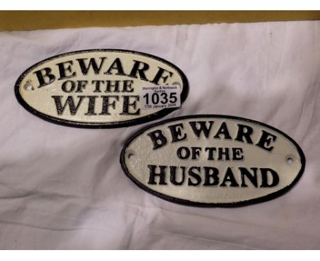 Cast iron Beware of the husband and Beware of the wife signs (2). W: 15 cm. UK P&amp;P Group 1 (£16+VAT for the first lot and