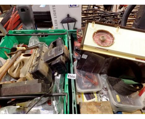 Two boxes of tools and new old stock items shower heads, scrapers etc. All electrical items in this lot have been PAT tested 