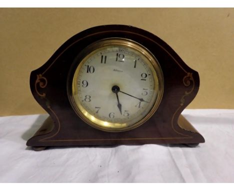 Inlaid Edwardian 8 day mantel clock, working at lotting, internal 9 cm, 9.5 cm front. UK P&amp;P Group 1 (£16+VAT for the fir