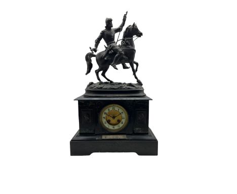 An imposing Belgium slate mantle clock surmounted with a spelter figure of a medieval soldier on horseback, c1890, break fron