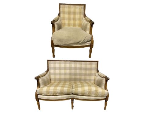 Mahogany framed two seater sofa, upholstered in cream chequered fabric, together with a chair of similar design  