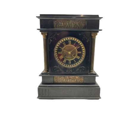 A Belgium slate mantle clock with a French striking movement c1880, flat top pediment and frieze beneath with two matching pa