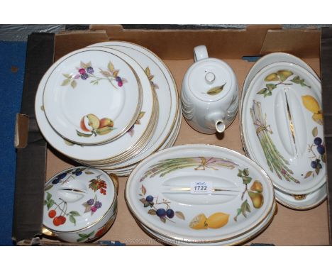 A quantity of Royal Worcester 'Evesham' Dinnerware including Dinner, Side and Tea Plates - some faded, shallow oval lidded Ve