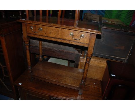 A good reproduction Oak side Table, Carolean in style with moulded edge rectangular top, single Oak lined frieze drawer with 