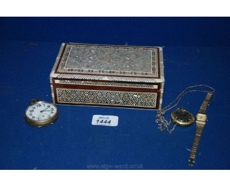 A Middle Eastern souvenir Box with mother of pearl and bone inlay containing Pocket Watches and a Timex Ladies Wristwatch