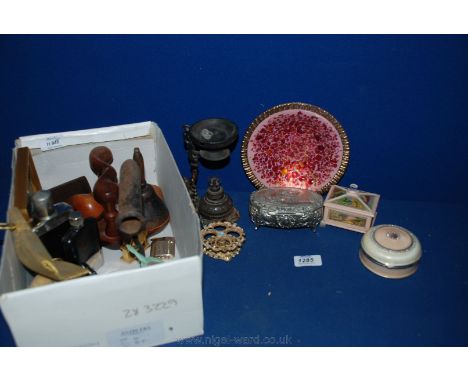 A quantity of miscellanea including Treen Pipe Holder and Pipe, trinket Boxes, metal Bell, Sconce, enamelled Limoges Dish, Ro