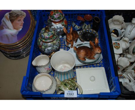 A quantity of china including Wedgwood Trinket Box, three small pieces of Slipware, two small china Rabbits, two small Chines