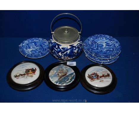 A blue, cream and gilt coloured Biscuit Barrel with plated handle and lid, four Copeland Spode Tea Plates and saucer and thre