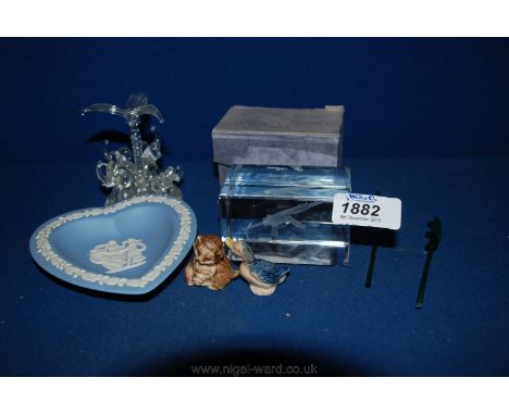 A glass machine gun Paperweight, a Wedgwood Trinket Dish, Wade figures etc.
