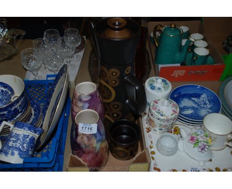 A Coffee pot, Sugar Basin and two J. Pryer lustre Vases