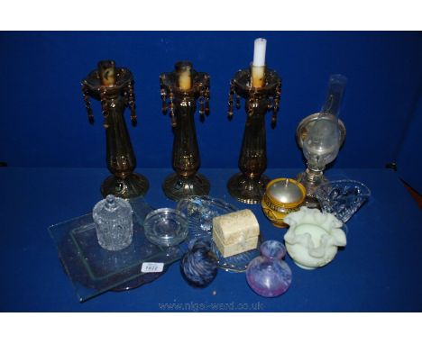 A quantity of Glass including three amber colour candle holders, Caithness vases, mirror backed oil lamp, mouse, owl, etc.,