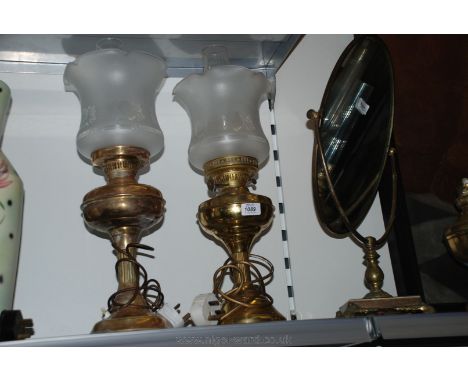 Two Brass oil Lamp style, electric Table Lamps with glass shades and chimneys