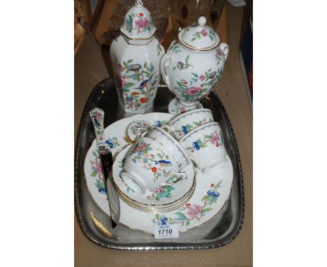 Two Aynsley 10" lidded Jars, trinket Box in Pembroke pattern, four cups and saucers and a Cake plate with knife