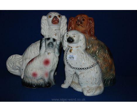 Four mantel Spaniels including one with pink patches, tan collar with gold lock to collar - a/f, white with black link chain 