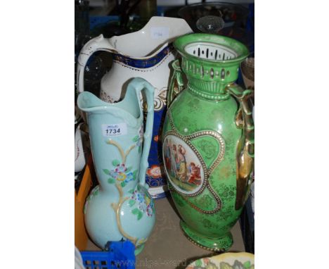 A Crown Devon turquoise Jug, green Vase, and a Gaudy style Wash Jug,