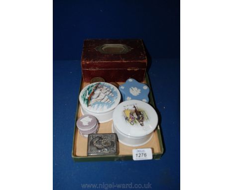 A quantity of miscellanea including two Relish Pots with lids, two Wedgwood Trinket Pots, Jewellery Case and metal Trinket Po