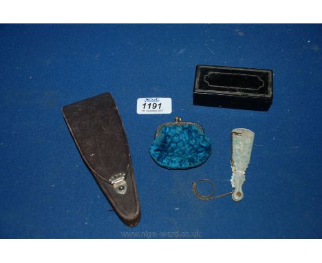 A papier mache Snuff Box, small Notebook in the form of a fan, Victorian velvet Purse and a cased set of three pairs of Sciss