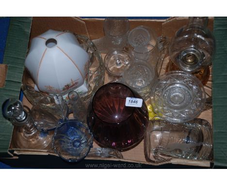 A quantity of glass including decanter, vases, lamp, bowls, and tankards, etc.