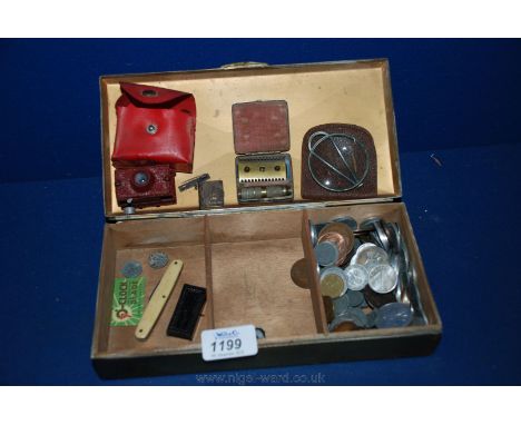 A box of miscellaneous Coinage, souvenir of Paris, Compact, Razor, etc.