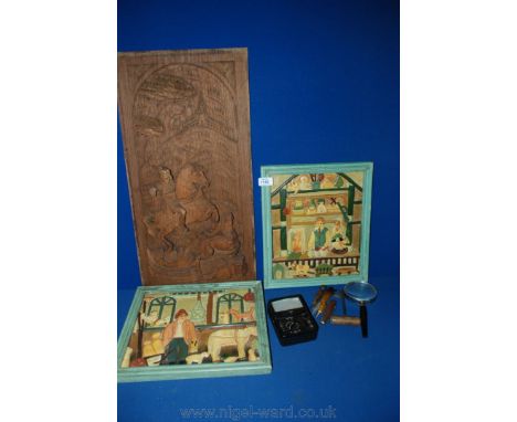 A Caby voltmeter, pen knife, corkscrew, carved wooden Panel of figure on horseback, 13 1/4" x 25 1/2" and two decorative Plaq