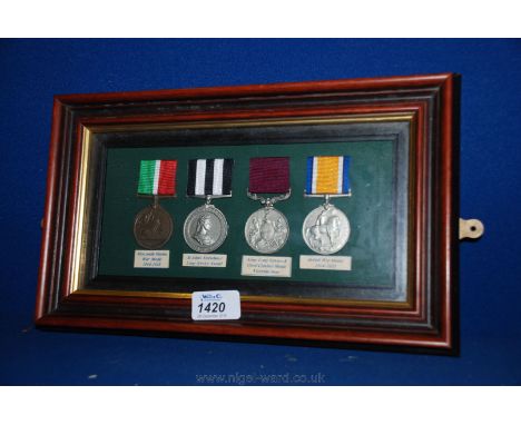 A framed set of four replica Medals - Mercantile Marine War Medal 1914-1918, St Johns Ambulance Long Service Award, Army Long