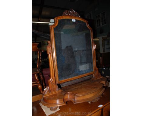 A large Victorian light Mahogany Toilet Mirror, the shaped mirror in moulded frame having delicate carved, fret-cut pierced p