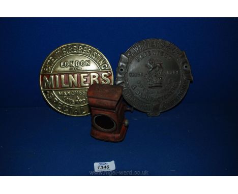 Two Brass makers Plaques for safes - Milners & Co., and S. Withers, and a vintage G.P.O. War dept Bicycle Oil Lamp
