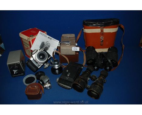 A quantity of Cameras and Binoculars including cased pair of Zenith 'triple tested' Binoculars, Pentax M2-30 Camera, Paterson