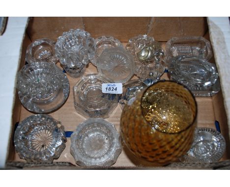 A quantity of Salts and Tea Light Holders and an amber coloured balloon shaped Glass with clear spiral stem, plus three white