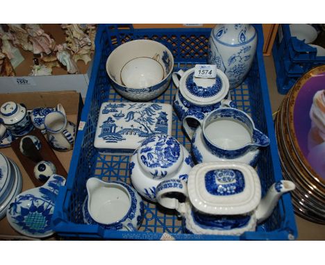 A quantity of blue and white china including Coalport Ginger Jar, Copeland Spode Milk Jug, Wedgwood lidded trinket Dish, Adam